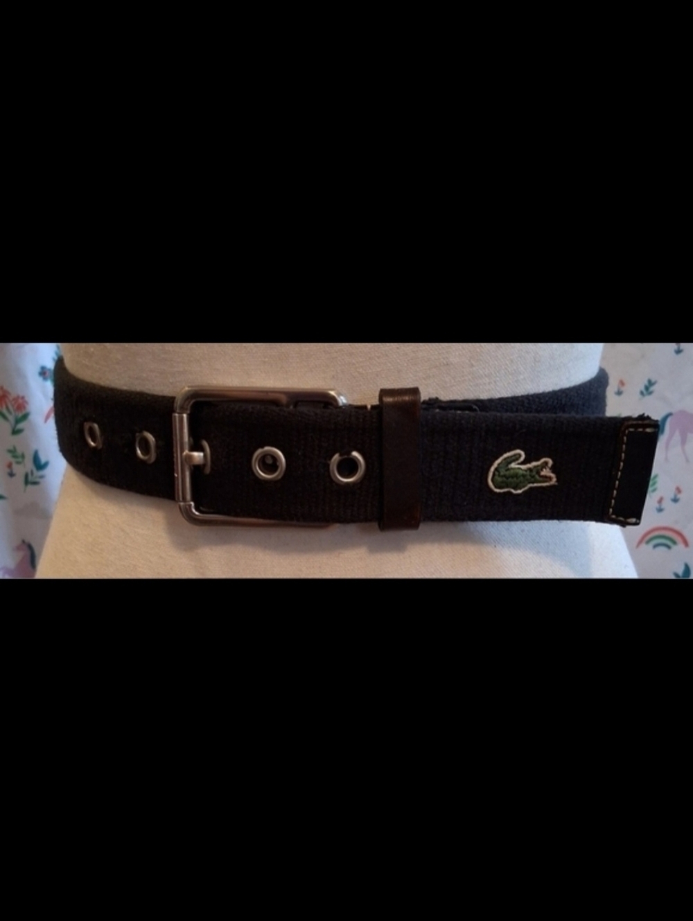 EUC Vintage Lacoste Black Web Canvas & Leather Boho Prep Unisex Casual Belt 36in